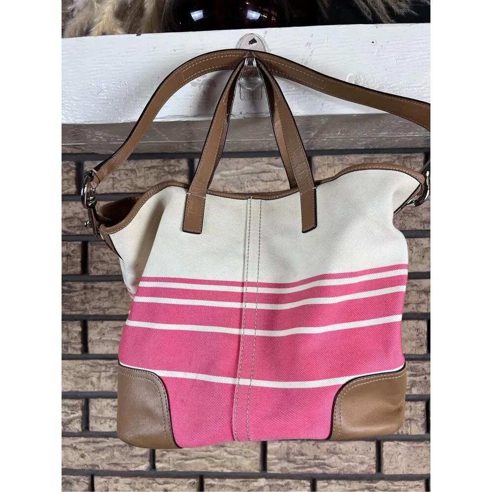 Coach Hadley Variegated Coral & Beige Striped Canvas Leather Tote Shoulder Bag